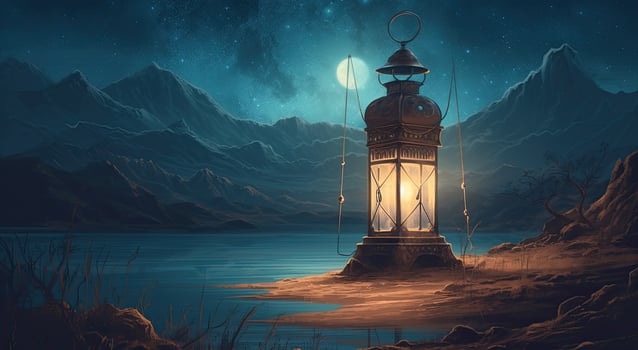 ramadan islamic lantern on desert background, in the style of romantic moonlit seascapes, blue and amber, mysterious dreamscapes, decorative paintings, Illustration photo
