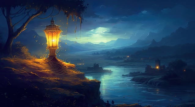 ramadan islamic lantern on desert background, in the style of romantic moonlit seascapes, blue and amber, mysterious dreamscapes, decorative paintings, Illustration photo