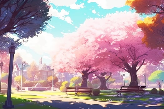 Beautiful anime style cherry blossom in a park at warm day. . photo