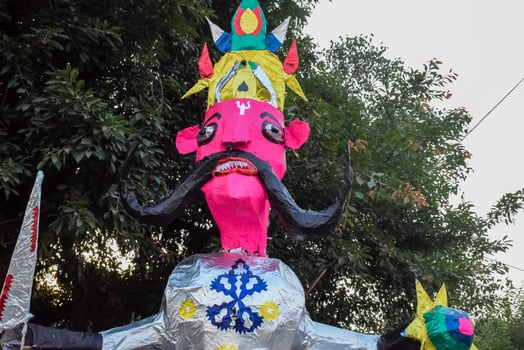 Ravnans being ignited during Dussera festival at ramleela ground in Delhi, India, Big statue of Ravana to get fire during the Fair of Dussera to celebrate the victory of truth by Lord Rama photo