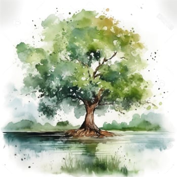 meedow, one tree, water color, pastel color with white background, generat ai photo