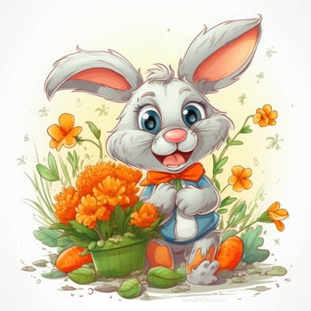 a super cute cartoon rabbit, fluffy, hopping, colorful , with big eyes and a charming smile, holding a carrot, surrounded by flowers, on a sunny day, cartoon style, generat ai photo