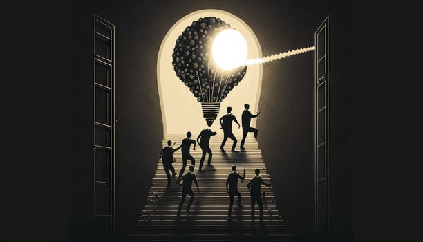 a silhouette leader and his team climbing a ladder towards a bulb-shaped door. photo