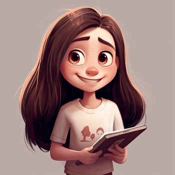 cute character, big lips, rosy cheeks, long dark hair, holding an iPad, smiling, white T-shirt, light colors, generat ai photo