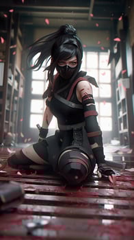 a realistic shot of a beautiful and terrifying female deathstrike posing on floor bloodfilled, generat ai photo