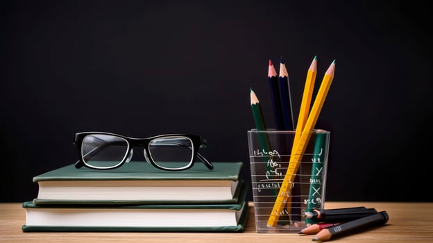 Free photo stack of books with pencil holder and glasses against a chalkboard, generate ai