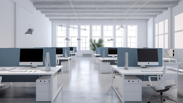 Office space. open space. design of office. 3d rendering, generat ai photo