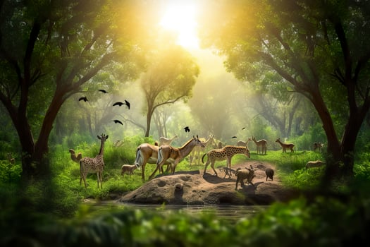 Photo concept nature reserve conserve wildlife reserve tiger deer global warming food loaf ecology human hands protecting the wild and wild animals tigers deer, generat ai
