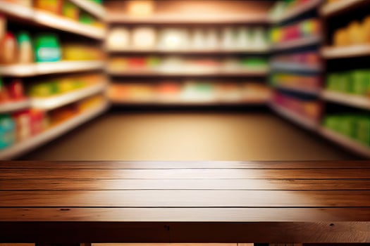 Empty wood table top on blurred super market. can montage or display your products. Empty wood table top on shelf in supermarket blurred background. photo