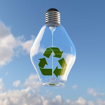 Glass bulb suspended in the air with a blue sky in the background and a green recycling symbol inside it. 3d render, generat ai photo