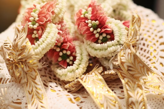 Flower garlands on a gold tray in tradition Thai wedding ceremony day. Jasmine garland. photo