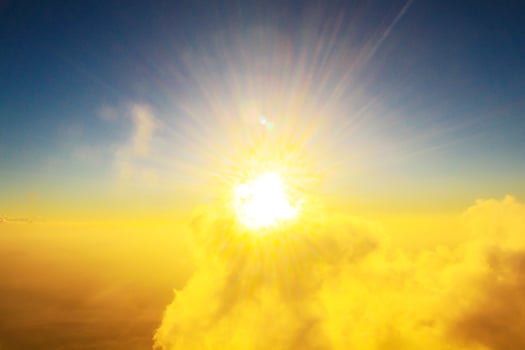Golden light with sunrise in morning on the sky and cloud .Fog cover the jungle hill in Thailand photo
