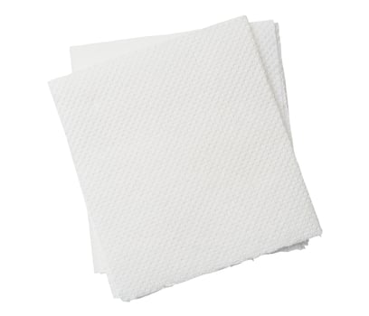 Two folded pieces of white tissue paper or napkin in stack tidily prepared for use in toilet or restroom isolated on white background with clipping path photo