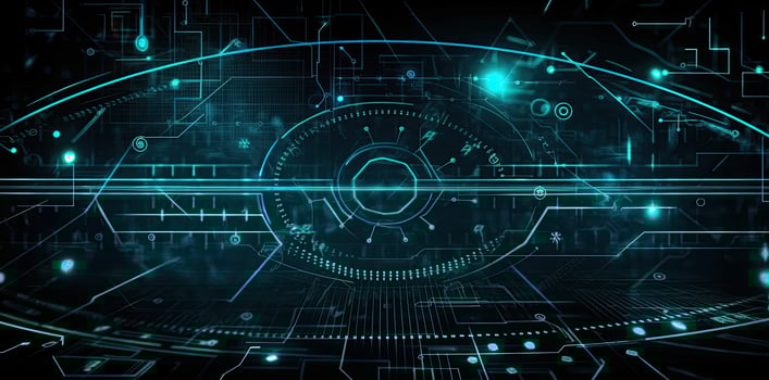 modern technology circle background or abstract image, in the style of rtx on, blueprint, circuitry, lens flare, light navy and sky-blue, Illustration photo
