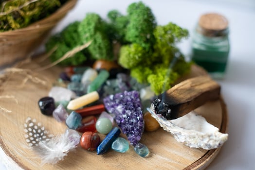 Various  crystals for healing, magical practices, minerals for esoteric spiritual practice, Healing Crystal Ritual, Witchcraft, Relax Chakra. Feng Shui, reiki therapy concept, spiritual force human photo