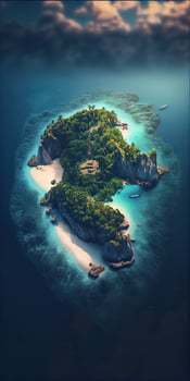 Aerial drone top view photo of small exotic atoll island with deep turquoise and emerald open ocean sea. Drone Photo of Beautiful view of floating island top view.