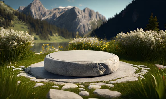 Natural stone and concrete podium in front of mountain view. Empty showcase for packaging product presentation. Background for cosmetic products, the scene with a beautiful view. photo
