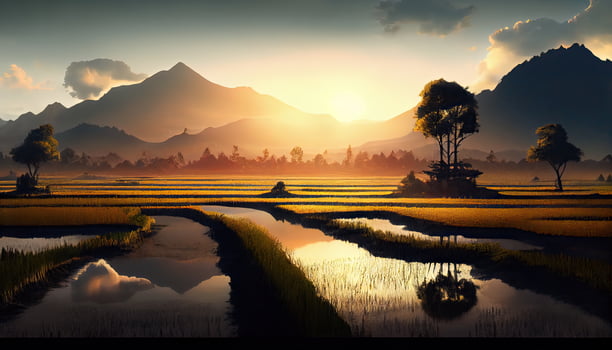 the beauty of the morning panorama with sunrise and rice fields. rice field in countryside. Beautiful gold color sunset at rice field. . photo