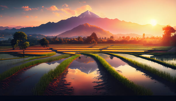 the beauty of the morning panorama with sunrise and rice fields. rice field in countryside. Beautiful gold color sunset at rice field. . photo