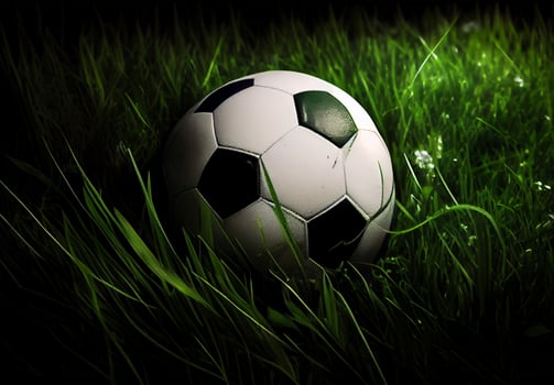 Classic soccer ball in a football stadium on a green lawn - image photo