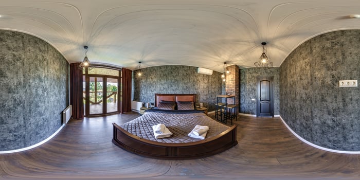 full seamless spherical hdri 360 panorama view in interior of modern bedroom in vip homestead or apaetments with panoramic windows in equirectangular projection. photo