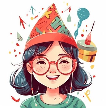 A child with glasses and a hat is celebrating her birthday, cartoon illustration with photo