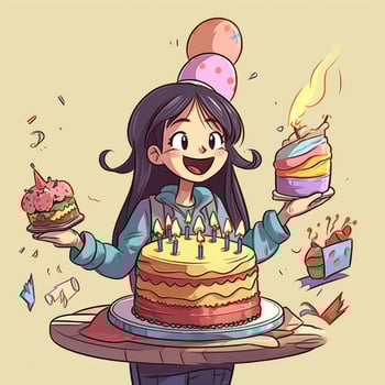 A girl is holding a cake while celebrating a birthday, cartoon illustration with photo