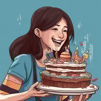 A girl is holding a cake while celebrating a birthday, cartoon illustration with photo
