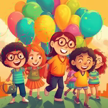 Two children holding balloons walking, cartoon illustration with photo