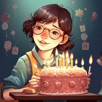 A girl is holding a cake while celebrating a birthday, cartoon illustration with photo