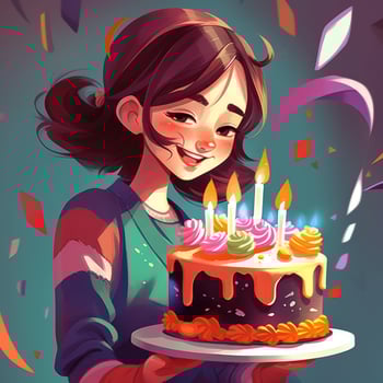 A girl is holding a cake while celebrating a birthday, cartoon illustration with photo