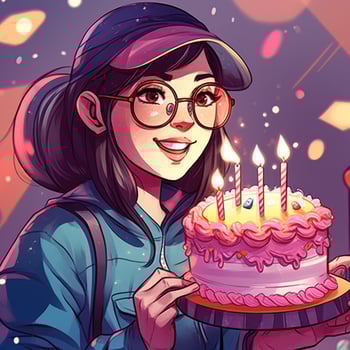 A girl is holding a cake while celebrating a birthday, cartoon illustration with photo