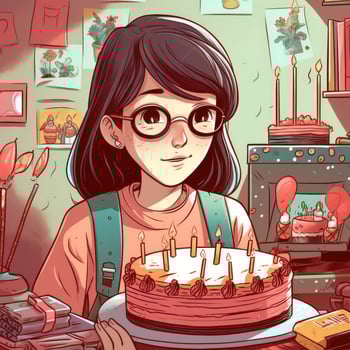 A girl is holding a cake while celebrating a birthday, cartoon illustration with photo