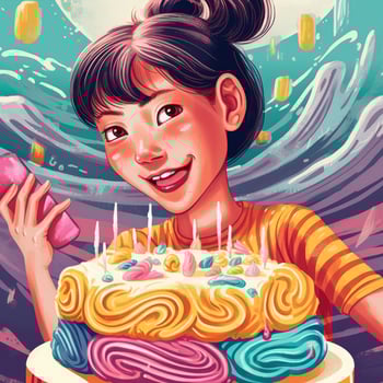 A girl is holding a cake while celebrating a birthday, cartoon illustration with photo