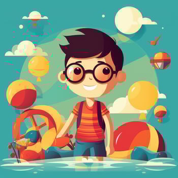 Boy enjoying summer holiday, cartoon illustration with photo