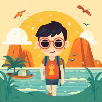 Boy enjoying summer holiday, cartoon illustration with photo