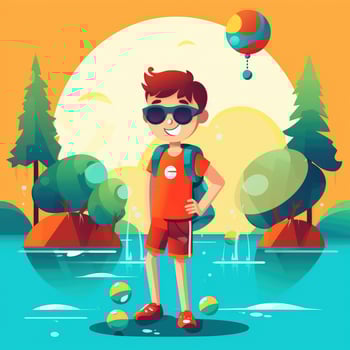 Boy enjoying summer holiday, cartoon illustration with photo
