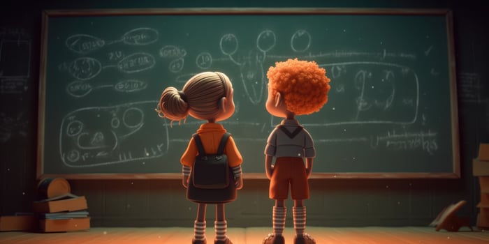 Two children standing with blackboard next to each other, cartoon illustration with photo