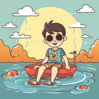 Boy enjoying summer holiday, cartoon illustration with photo