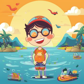 Boy enjoying summer holiday, cartoon illustration with photo