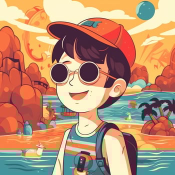 Boy enjoying summer holiday, cartoon illustration with photo