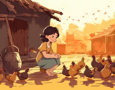 young girl feeding chickens cartoon flat illustration, photo