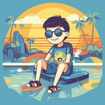 Boy enjoying summer holiday, cartoon illustration with photo