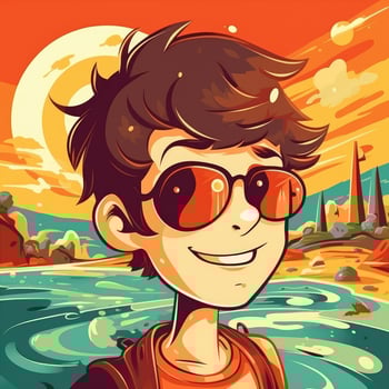 Boy enjoying summer holiday, cartoon illustration with photo
