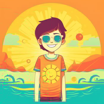 Boy enjoying summer holiday, cartoon illustration with photo