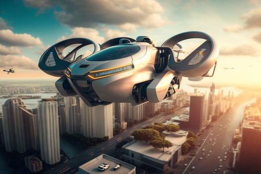 Air Vehicle Flying Above The Cityscape, Flying Car Of The Future, Air Car Concept photo