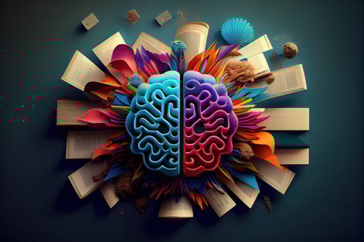 Book and Brain - modern Idea and Concept illustration Business. Idea concept with an open book, brain, and book on a green background. photo