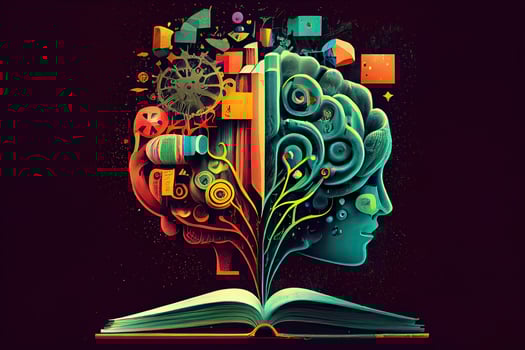 Book and Brain - modern Idea and Concept illustration Business. Idea concept with an open book, brain, and book on a green background. photo