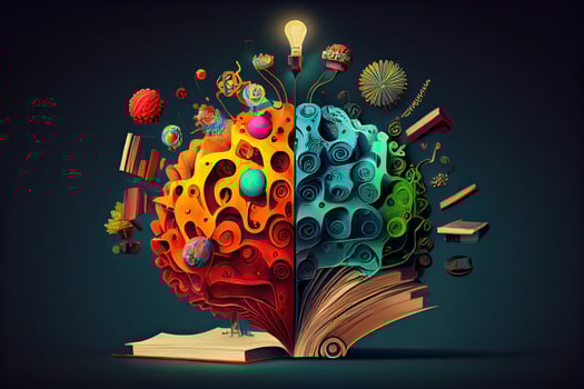 Book and Brain - modern Idea and Concept illustration Business. Idea concept with an open book, brain, and book on a green background. photo