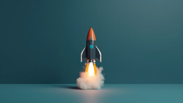 Rocket flying on a blue background. 3d render. Startup concept artwork photo